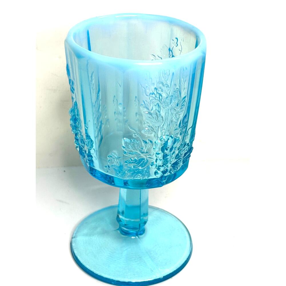 Westmoreland Blue Opalescent Glass Goblet Footed Grape Vine Pedestal Cup